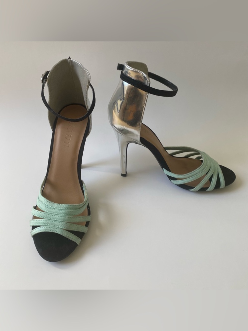 Metallic Silver & Mint Ankle‑Strap Sandals